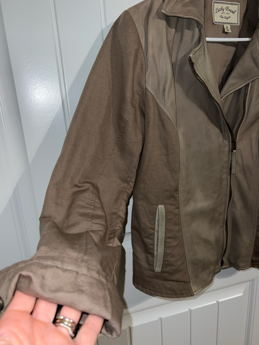 Lucky Brand Taupe and Brown Linen & Leather Moto Jacket size M - Picture 4 of 14